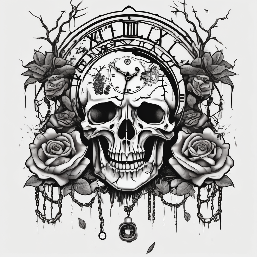 tattoo fool sleeve, tree roots break out of the chains, broken mask, clock with flying numbers, girl and skull, roses glitter tattoo, design de tatouage Cartoon généré par IA